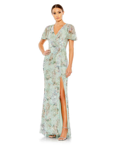 MAC DUGGAL GREEN EMBELLISHED BUTTERFLY SLEEVE FAUX WRAP GOWN
