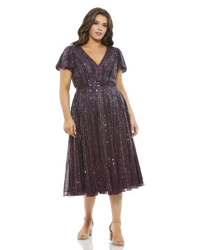 Mac Duggal Embellished Butterfly Sleeve V-neck Cocktail Dress (plus) In Aubergine