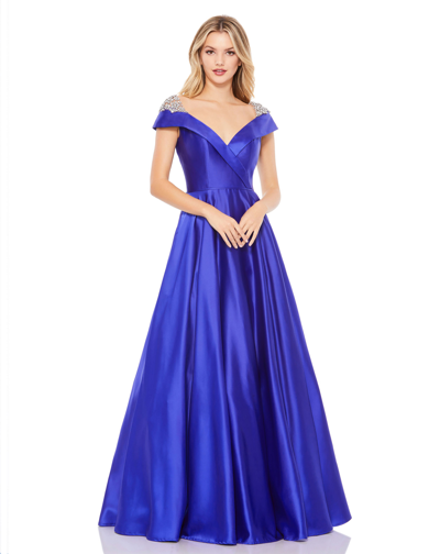 Mac Duggal Embellished Cap Sleeve V Neck A Line Gown In Cobalt