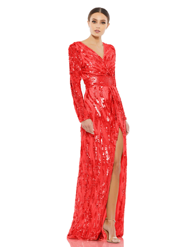 Mac Duggal Embellished Faux Wrap Open Back Gown In Red