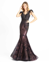 MAC DUGGAL EMBELLISHED FEATHER CAP SLEEVE ILLUSION NECK TRUMPET GOWN