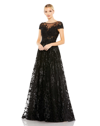 MAC DUGGAL EMBELLISHED FLORAL CAP SLEEVE A LINE GOWN