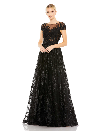 Mac Duggal Embellished Floral Cap Sleeve A Line Gown In Black