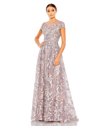 MAC DUGGAL EMBELLISHED FLORAL CAP SLEEVE A LINE GOWN