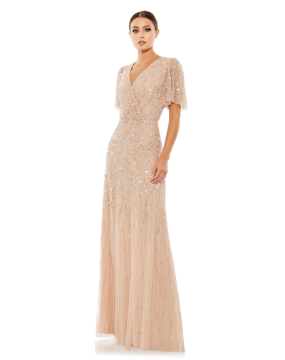 Mac Duggal Embellished Flutter Sleeve Gown In Nude