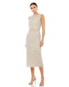 Mac Duggal Fringe Beaded Column Midi Dress In Nude
