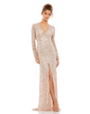 Mac Duggal Embellished Front Slit Long Sleeve Gown In Rose/gold