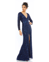 Mac Duggal Navy Embellished Front Slit Long Sleeve Gown In Midnight