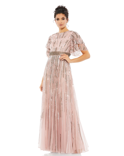 Mac Duggal Embellished Full Length Layered Sleeve Gown In Pink