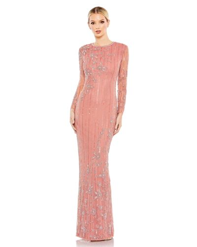 Mac Duggal Embellished High Neck Illusion Long Sleeve Gown In Rose