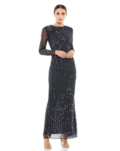 Mac Duggal Embellished High Neck Illusion Long Sleeve Gown In Midnight