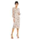 Mac Duggal Embellished High Neck Illusion Long Sleeve Midi Dress In Mocha In Mocha