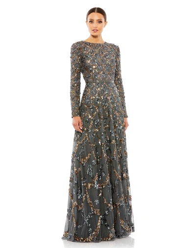 Mac Duggal Embellished Illusion High Neck Long Sleeve A Line Dress In Charcoal