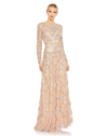 Mac Duggal Embellished Illusion High Neck Long Sleeve A Line Dress In Blush
