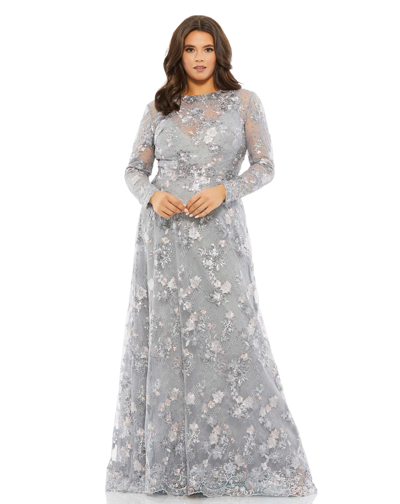Mac Duggal Embellished Illusion Long Sleeve A Line Gown In Platinum