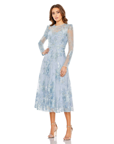 Mac Duggal Embellished Illusion Long Sleeve Midi Dress In Powder Blue