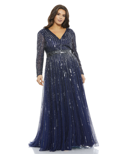 Mac Duggal Sequined Long Sleeve Plunging V-neck Gown In Blue