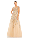 Mac Duggal Embellished Long Sleeve Drop Shoulder A Line Gown In Nude
