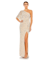 Mac Duggal Sequin One-shoulder Gown In Nude