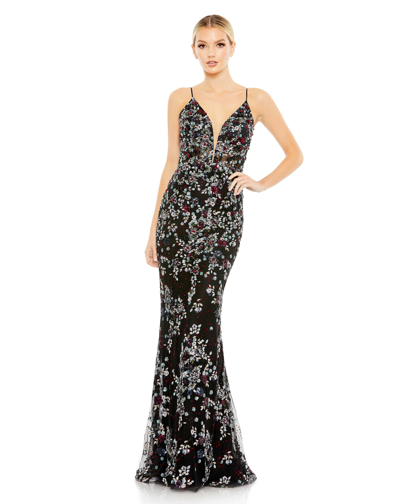 Mac Duggal Embellished Plunge Neck Sleeveless Gown In Black