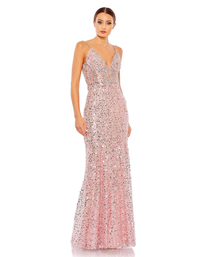 MAC DUGGAL EMBELLISHED PLUNGE NECK SLEEVELESS TRUMPET GOWN
