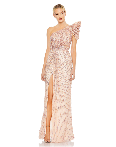 Mac Duggal Embellished Puff One Shoulder Gown In Apricot