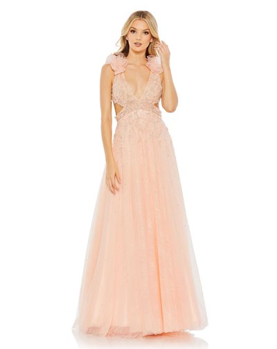 Mac Duggal Embellished Ruffle Shoulder Cut Out A Line Gown In Pink