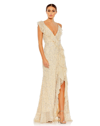 Mac Duggal Embellished Ruffled Faux Wrap Sleeveless Gown In Nude