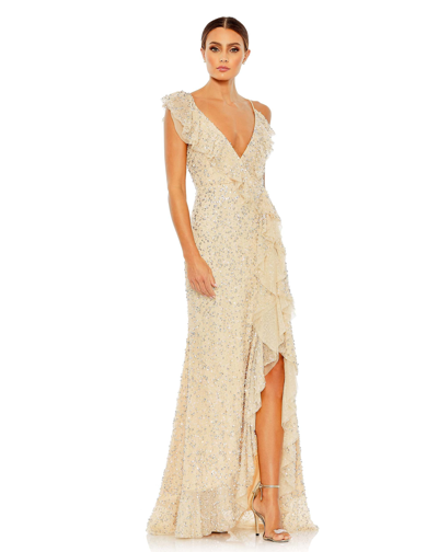 Mac Duggal Embellished Ruffled Faux Wrap Sleeveless Gown In Nude