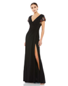 MAC DUGGAL EMBELLISHED SLEEVE JERSEY WRAP GOWN