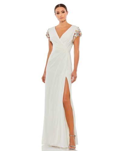 Mac Duggal Embellished Sleeve Jersey Wrap Gown In White