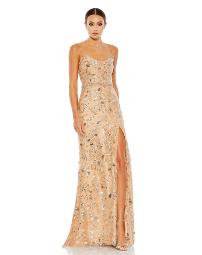 Mac Duggal Embellished Sleeveless Lace Up Gown In Beige