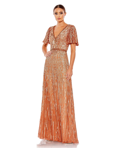 Mac Duggal Embellished V Neck Butterfly Sleeve Column Gown In Copper