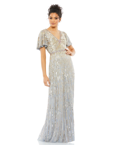 Mac Duggal Embellished V Neck Butterfly Sleeve Column Gown In Platinum