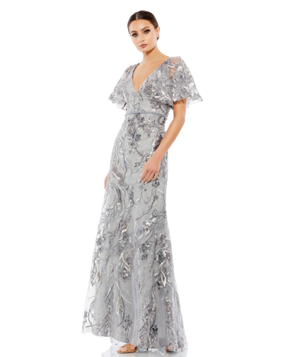 Mac Duggal Embellished V Neck Butterfly Sleeve Trumpet Gown In Platinum