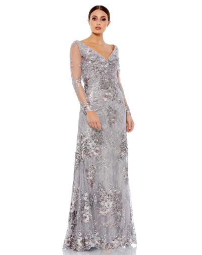 Mac Duggal Embellished V Neck Illusion Long Sleeve Gown In Platinum