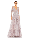 Mac Duggal Embellished Wrap Over Illusion Long Sleeve A-line Dress In Lilac