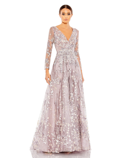 Mac Duggal Embellished Wrap Over Illusion Long Sleeve A Line Gown In Lilac
