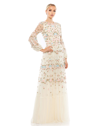 Mac Duggal Embroidered High Neck Illusion Sleeve Tiered Gown In Ivory