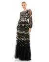 Mac Duggal Embroidered High Neck Illusion Sleeve Tiered Gown In Black