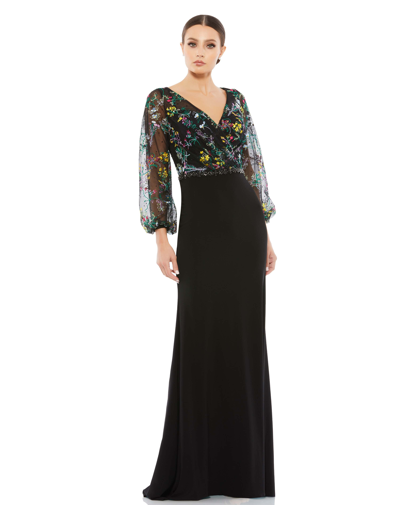 MAC DUGGAL EMBROIDERED ILLUSION PUFF SLEEVE COLUMN GOWN