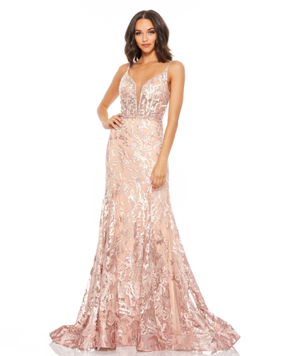 Mac Duggal Sleeveless Mesh Detail Fitted Gown In Rose Pink Mocha