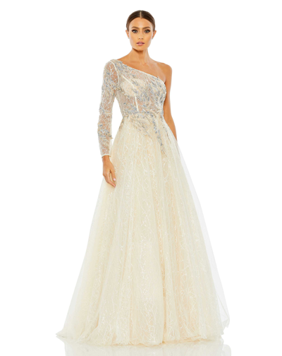 Mac Duggal Embroidered One Shoulder Bodice Ballgown In Champagne