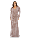 Mac Duggal Plus Size Long-sleeve Metallic Ruched Gown In Mauve