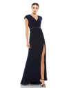 Mac Duggal Beaded Waist Cap Sleeve Dress Gown In Navy In Navy