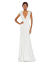 Mac Duggal Feather-embellished Deep V-neck Gown In White