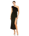 Mac Duggal Asymmetric Draped Evening Dress With Feather Detail In Black