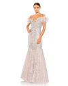 Mac Duggal Beaded Feather Trim Off The Shoulder Mermaid Gown In Lilac