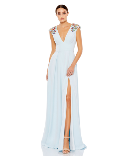 Ieena For Mac Duggal Floral Accented Evening Gown In Powder Blue