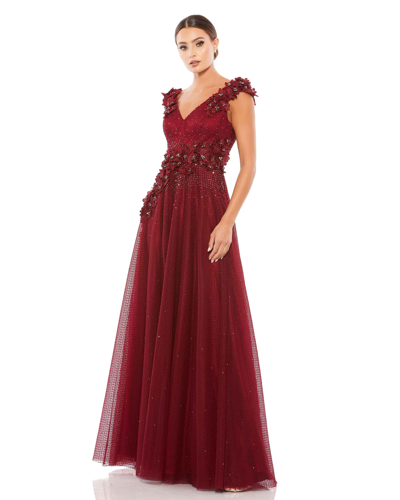 Mac Duggal Floral Applique A-line Gown In Burgundy